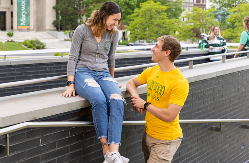 Students talking on a brick staircase.